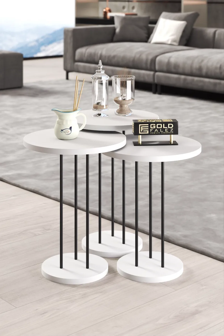 Terra ensemble table basse et tables gigognes rondes pieds en métal noir - blanc