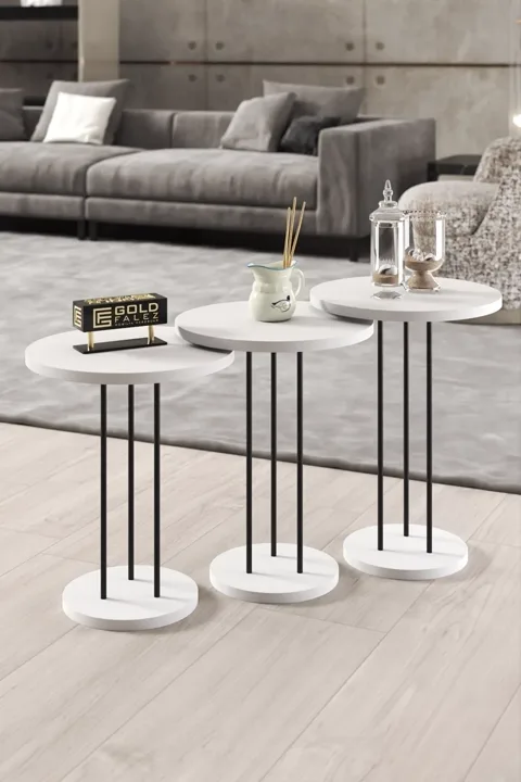 Terra Round Coffee & Nesting Table Set Black Metal Legs - White