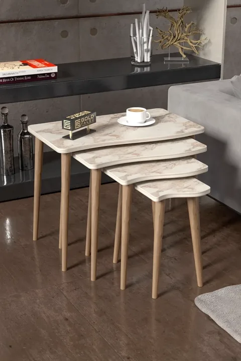 Turned Leg 4-Piece Square Nesting Table Set - White Marble Effect