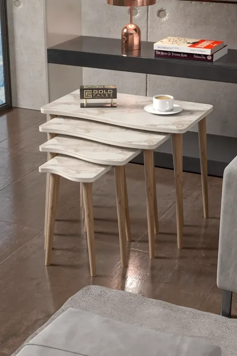 Turned Leg 4-Piece Square Nesting Table Set - White Marble Effect