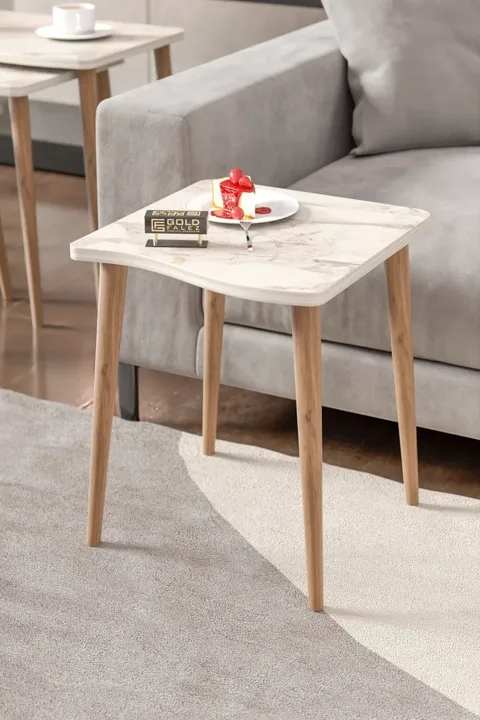 Turned Leg 4-Piece Square Nesting Table Set - White Marble Effect