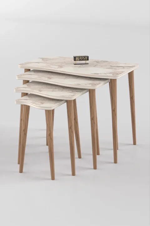 Turned Leg 4-Piece Square Nesting Table Set - White Marble Effect