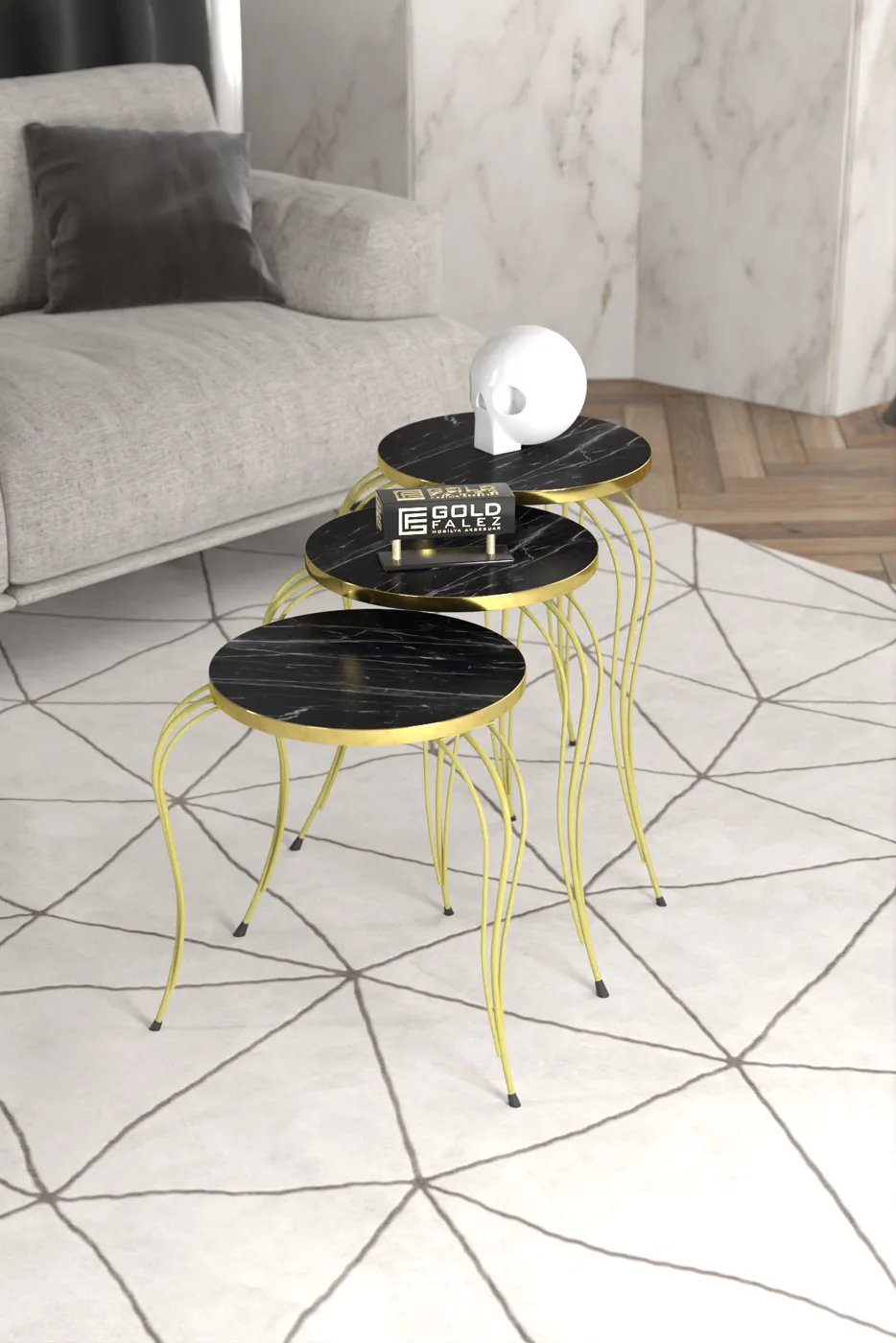Lukens Gold 3-Piece Round Nesting Table Set - Black Marble Effect