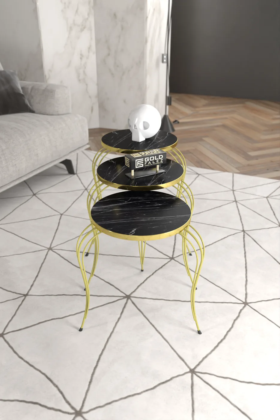 Lukens Gold 3-Piece Round Nesting Table Set - Black Marble Effect