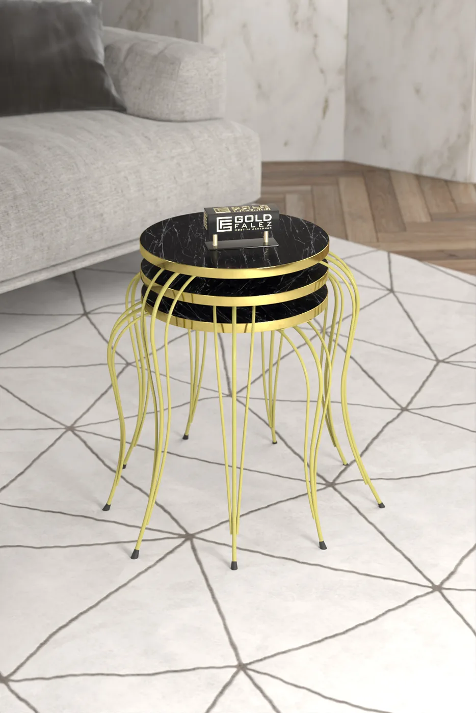 Lukens Gold 3-Piece Round Nesting Table Set - Black Marble Effect