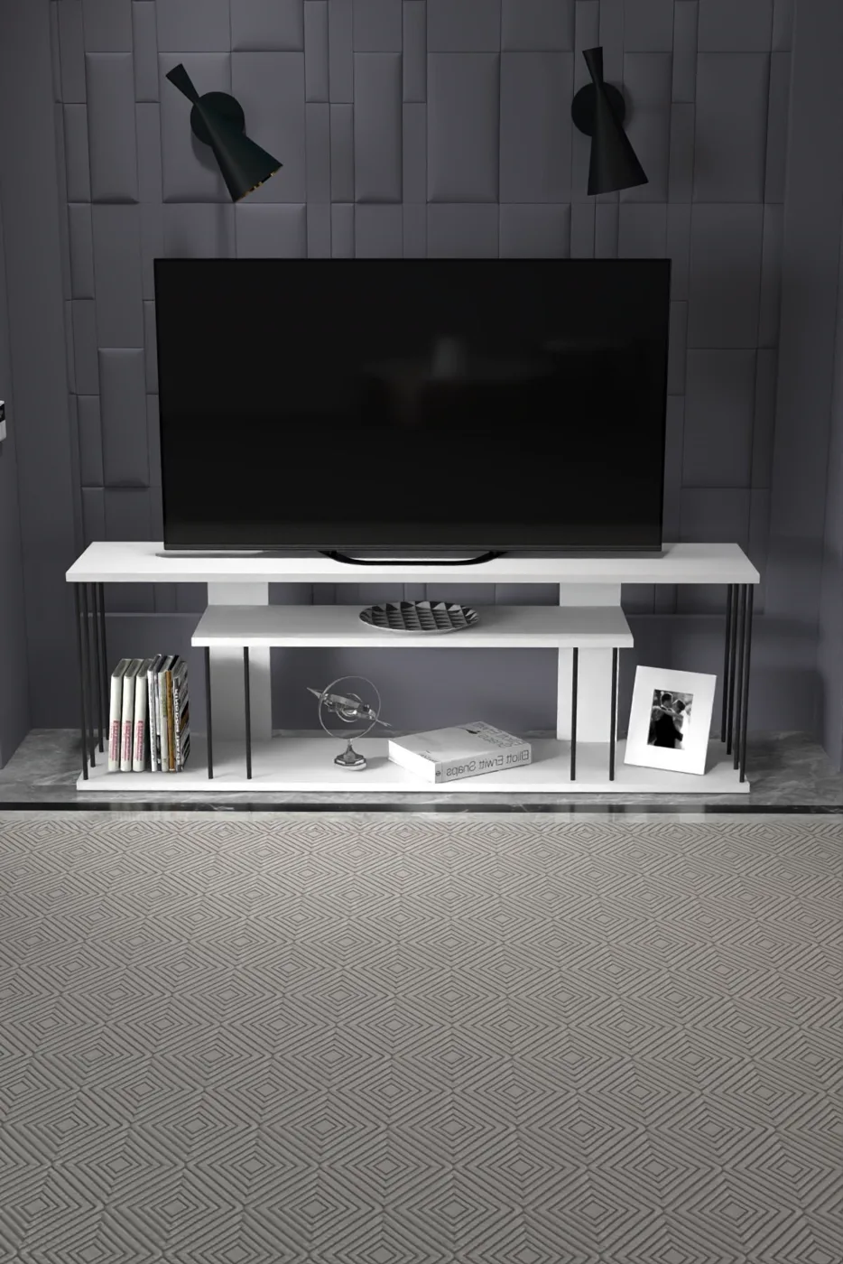 TV Stand with Shelves - White