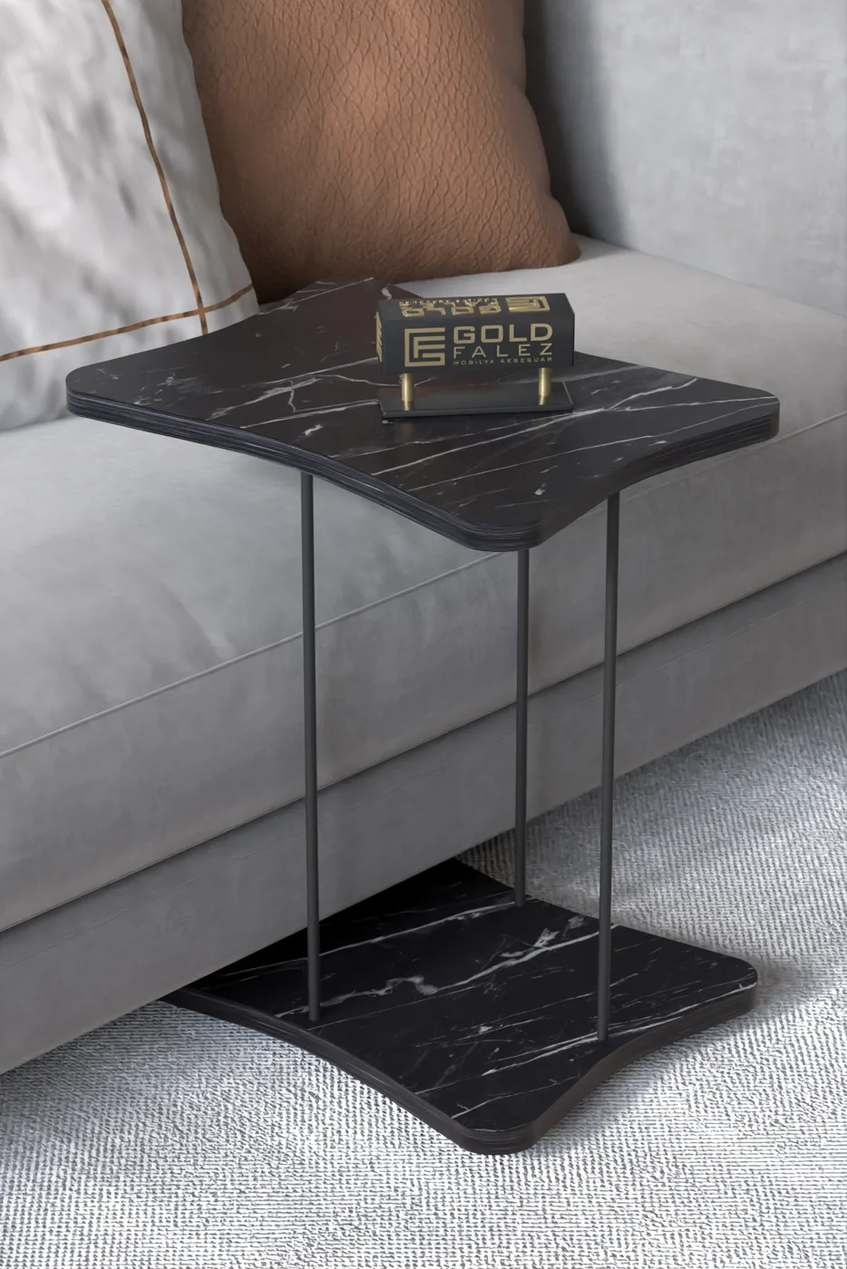 Rectangular Rolling Side Table - Black Marble Effect