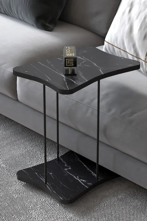 Rectangular Rolling Side Table - Black Marble Effect