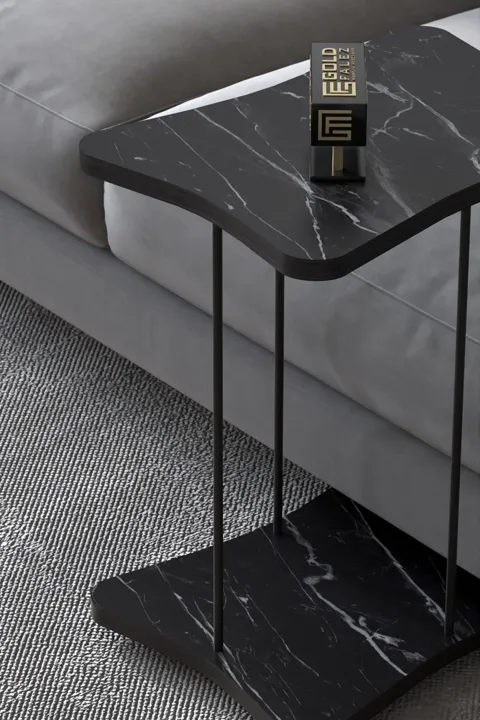 Rectangular Rolling Side Table - Black Marble Effect
