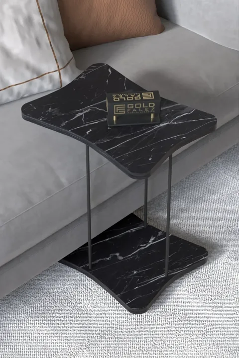 Rectangular Rolling Side Table - Black Marble Effect