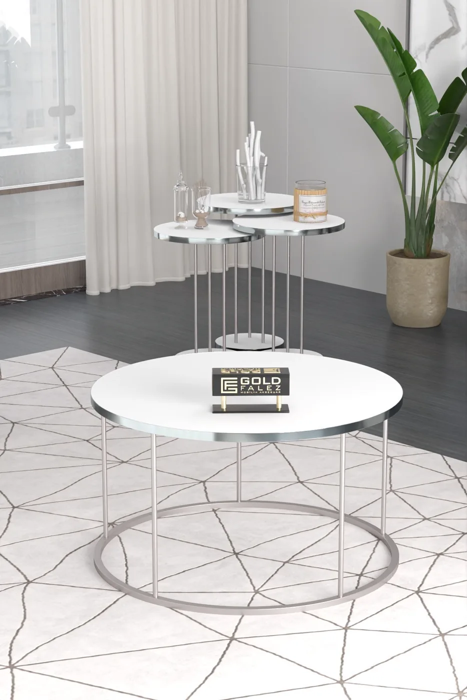Terra Gold Round Coffee & Nesting Table Set - Silver White