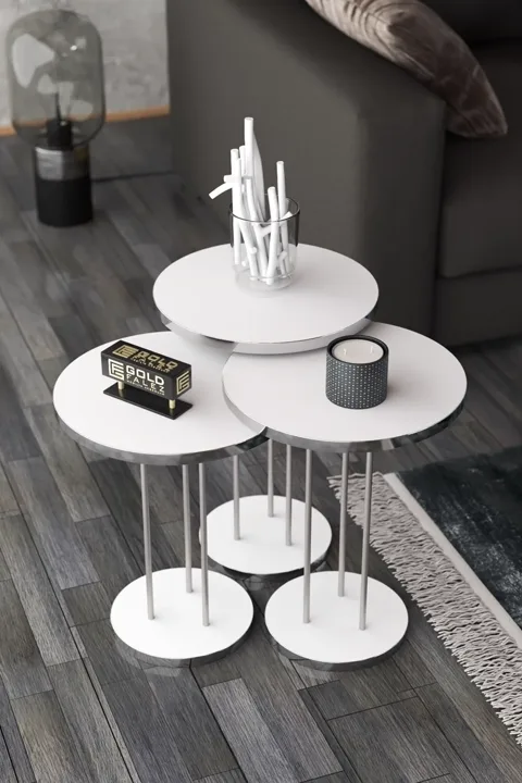 Terra Gold Round Coffee & Nesting Table Set - Silver White