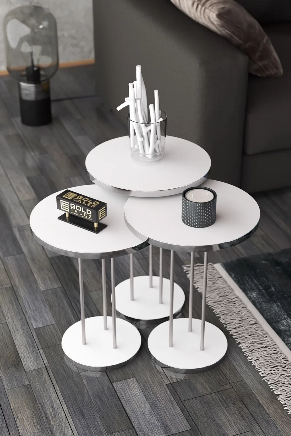 Terra Gold Round Coffee & Nesting Table Set - Silver White