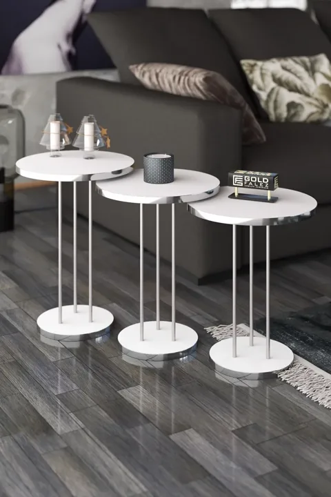 Terra Gold Round Coffee & Nesting Table Set - Silver White