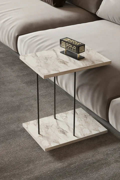 Rectangular Rolling Laptop Side Table - White Marble Effect