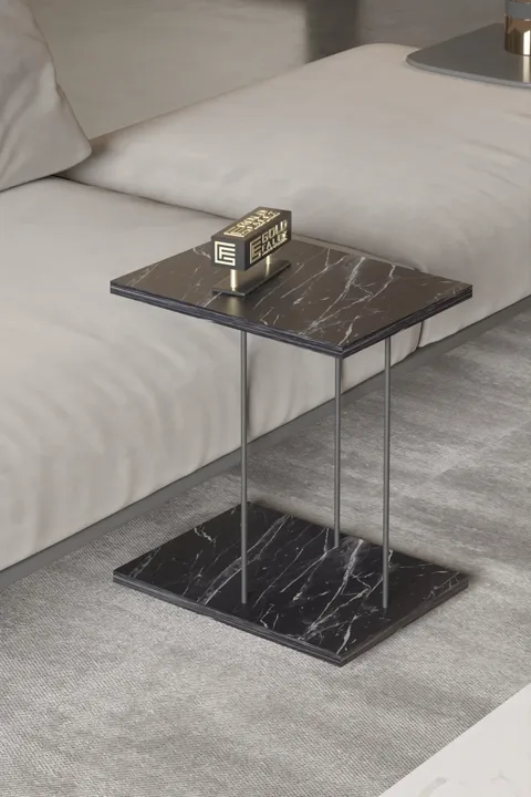 Rectangular Rolling Laptop Side Table - Black Marble Effect