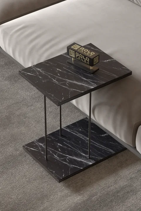 Rectangular Rolling Laptop Side Table - Black Marble Effect