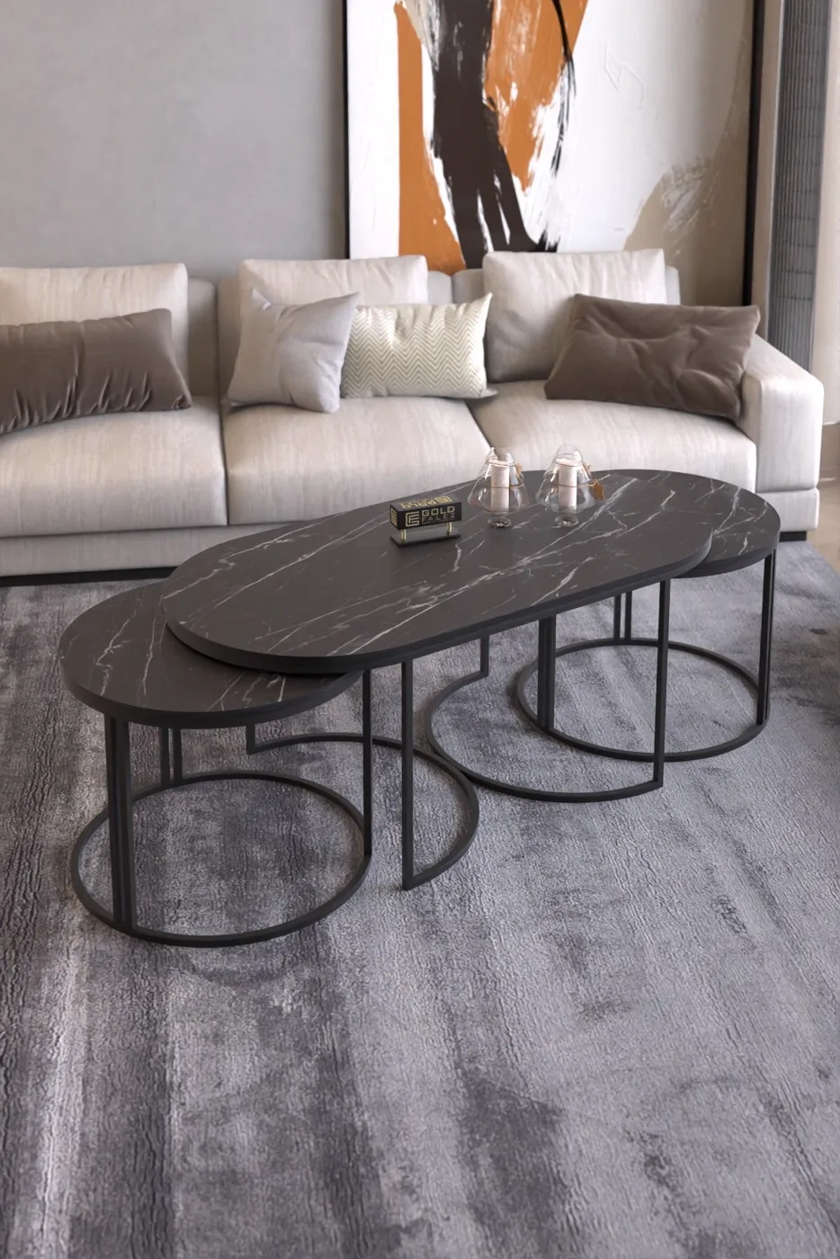 Dolunay Coffee & Side Table Set - Black Marble Effect