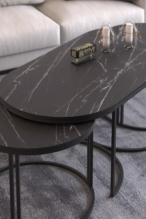 Dolunay Coffee & Side Table Set - Black Marble Effect