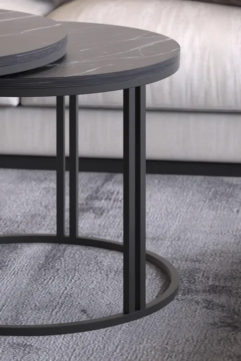 Dolunay Coffee & Side Table Set - Black Marble Effect