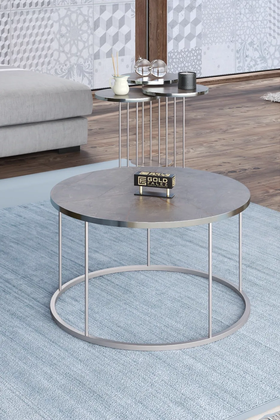 Terra Gold Round Coffee & Nesting Table Set - Silver Gordion
