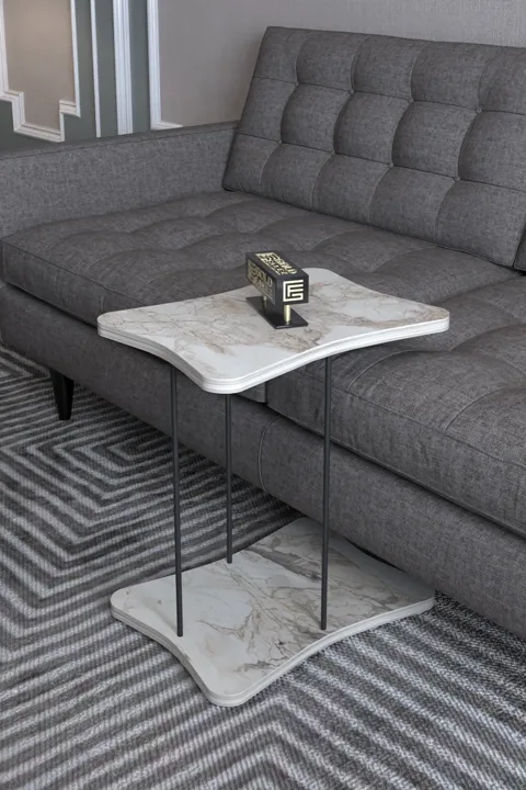 Rectangular Rolling Side Table - White Marble Effect