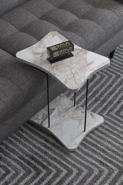 Rectangular Rolling Side Table - White Marble Effect