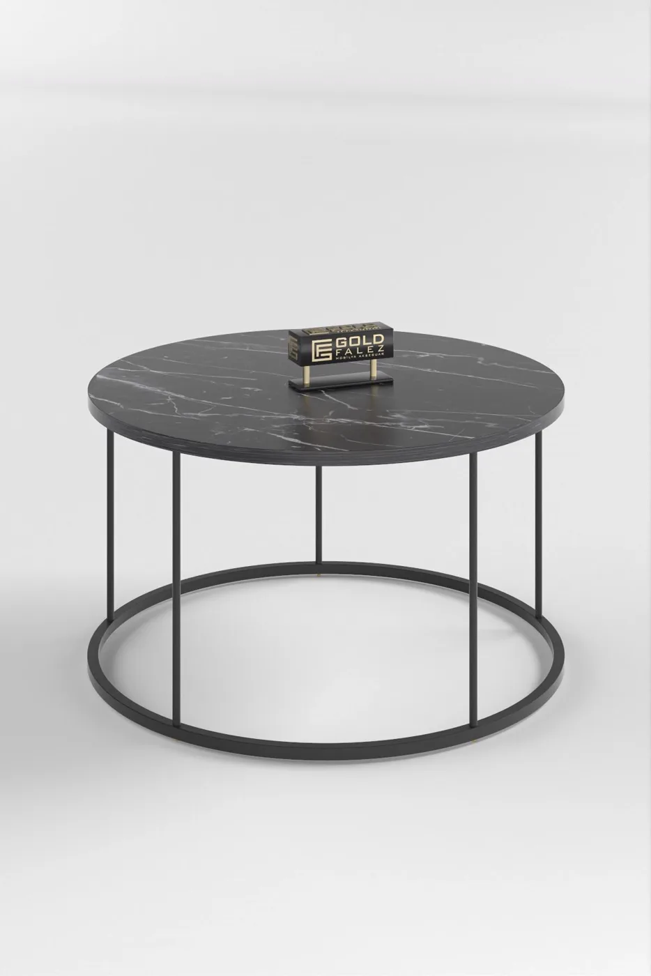 Terra Round Coffee Table Black Metal Legs - Black Marble Effect