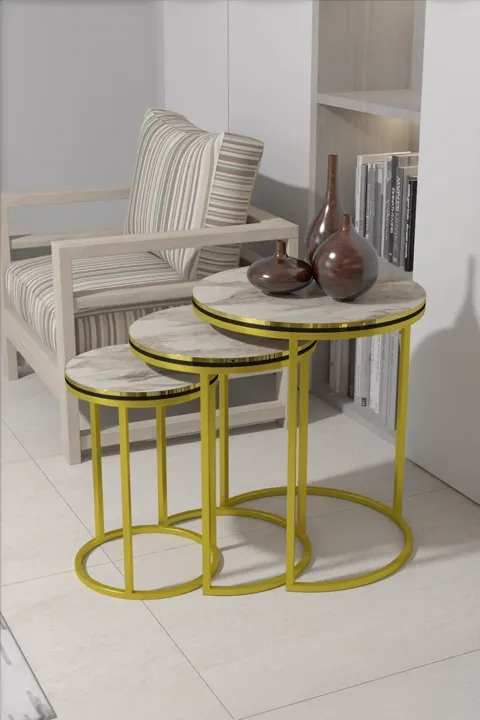 C 3-Piece Round Nesting Table Set - Marble Effect