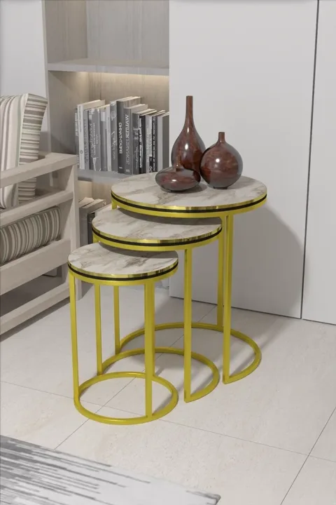 C 3-Piece Round Nesting Table Set - Marble Effect