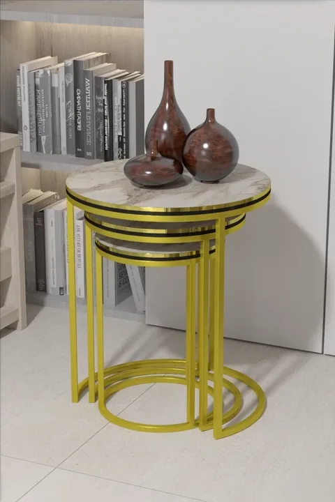 C 3-Piece Round Nesting Table Set - Marble Effect