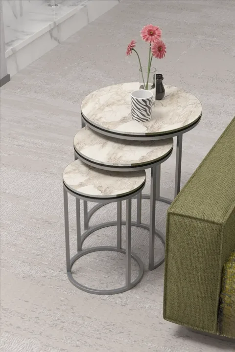 C 3-Piece Round Nesting Table Set - Two-Tone Efes Silver