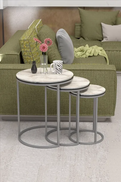 C 3-Piece Round Nesting Table Set - Two-Tone Efes Silver