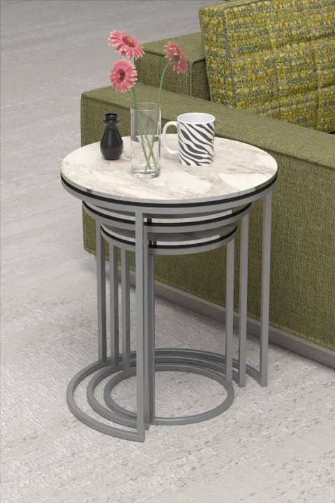 C 3-Piece Round Nesting Table Set - Two-Tone Efes Silver