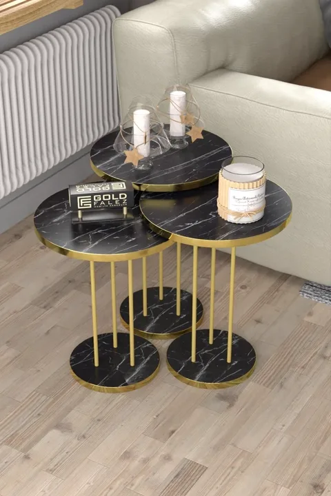 Terra Gold Round Coffee & Nesting Table Set - Black Marble