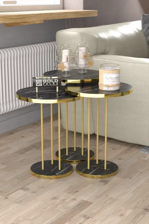 Terra Gold Round Coffee & Nesting Table Set - Black Marble