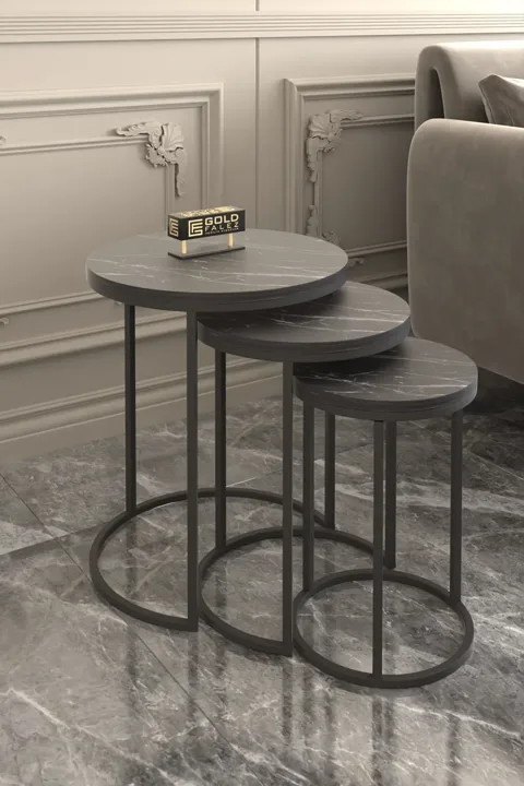 C 3-Piece Round Nesting Table Set - Black Marble Effect