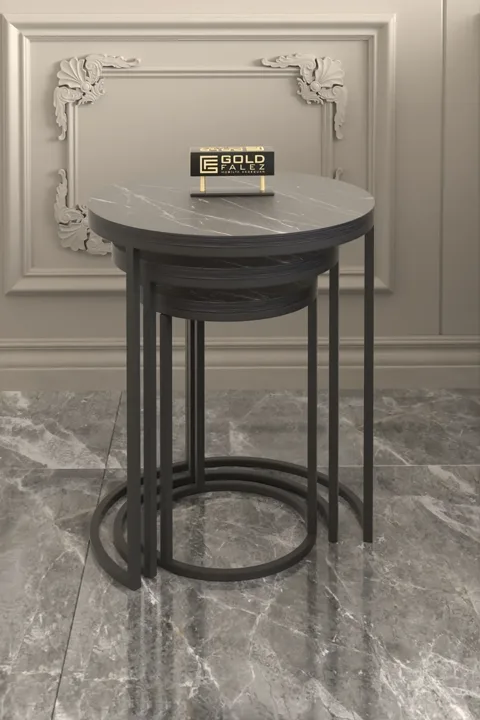 C 3-Piece Round Nesting Table Set - Black Marble Effect