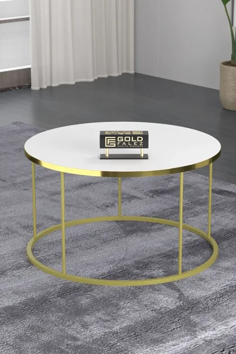 Gold Metal Ayak Orta Sehpa ve Zigon Sehpa Seti Beyaz