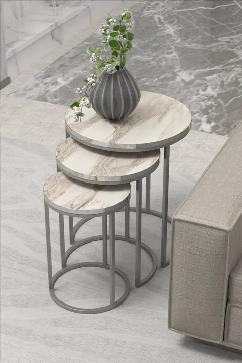 C 3-Piece Round Nesting Table Set - White Marble Effect