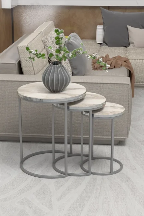 C 3-Piece Round Nesting Table Set - White Marble Effect