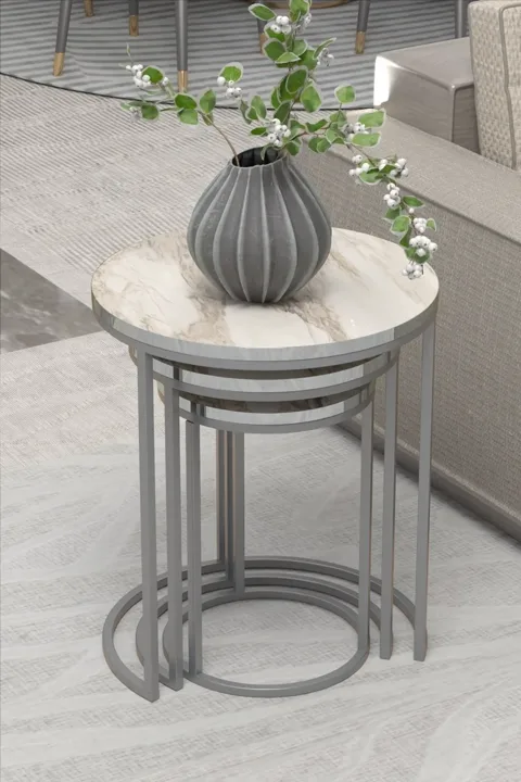 C 3-Piece Round Nesting Table Set - White Marble Effect