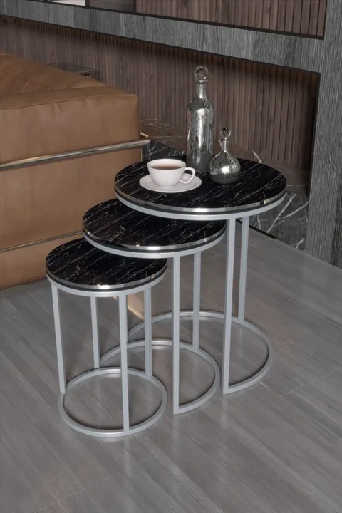 Gümüş Metal Ayak 3'lü Zigon Sehpa Seti Suntalam Bendir Siyah