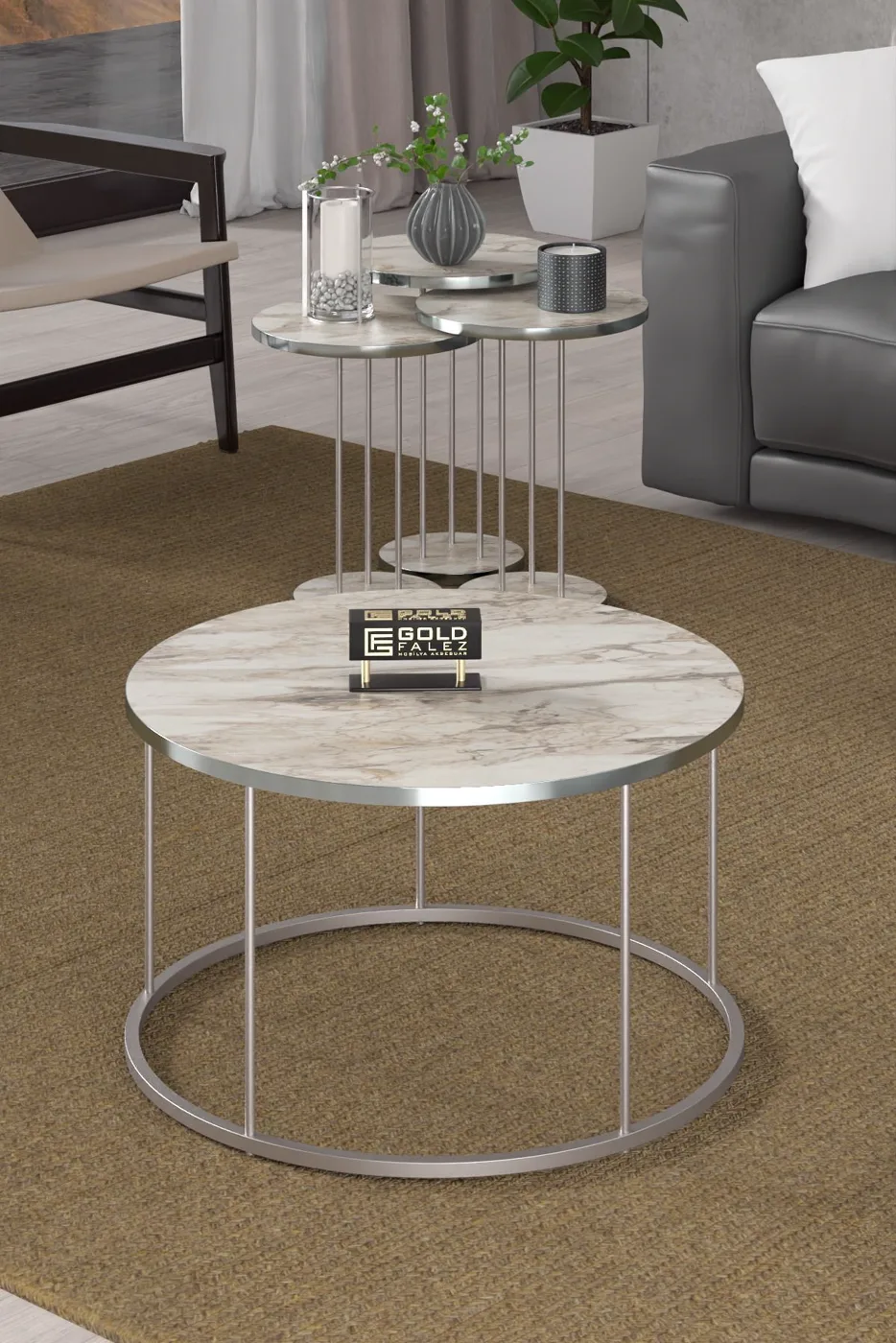 Terra Gold Round Coffee & Nesting Table Set - Silver Efes
