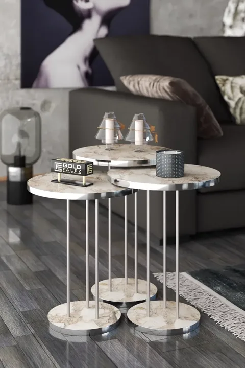 Terra Gold Round Coffee & Nesting Table Set - Silver Efes