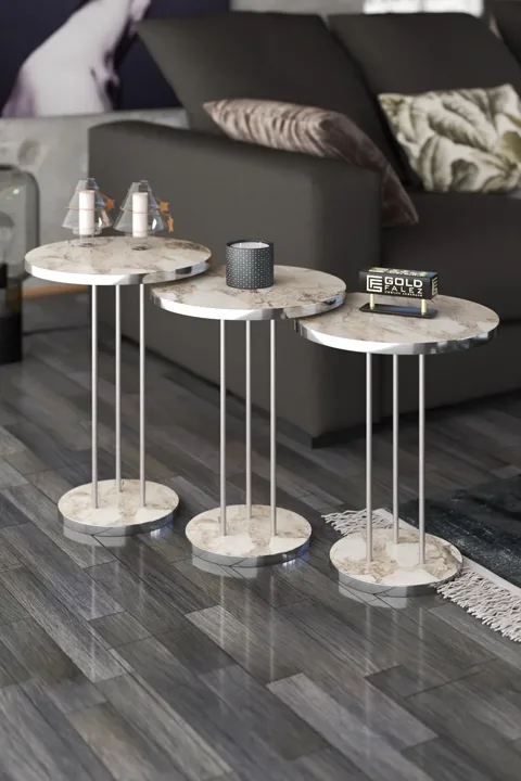 Terra Gold Round Coffee & Nesting Table Set - Silver Efes