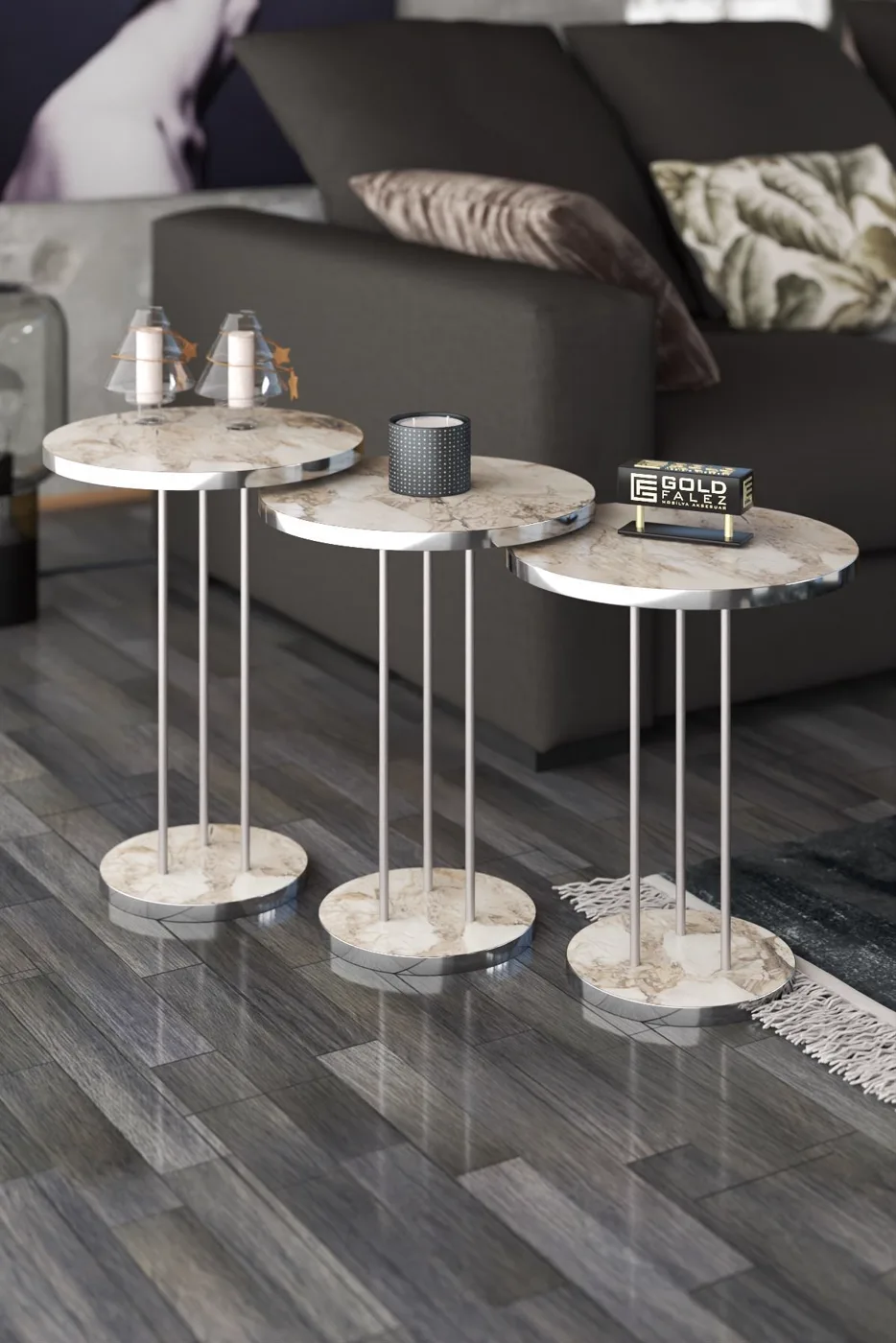Terra Gold Round Coffee & Nesting Table Set - Silver Efes