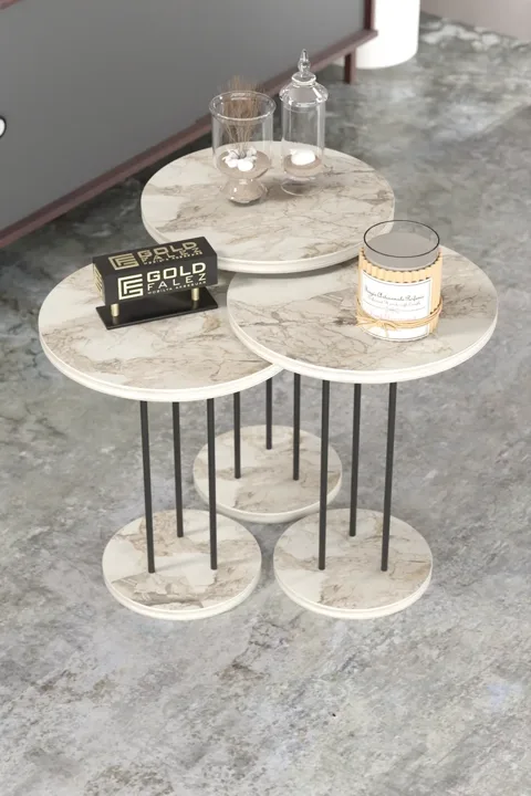 Terra Round Coffee & Nesting Table Set Black Metal Legs - Efes