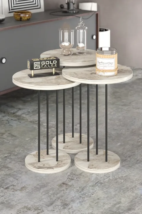 Terra Round Coffee & Nesting Table Set Black Metal Legs - Efes