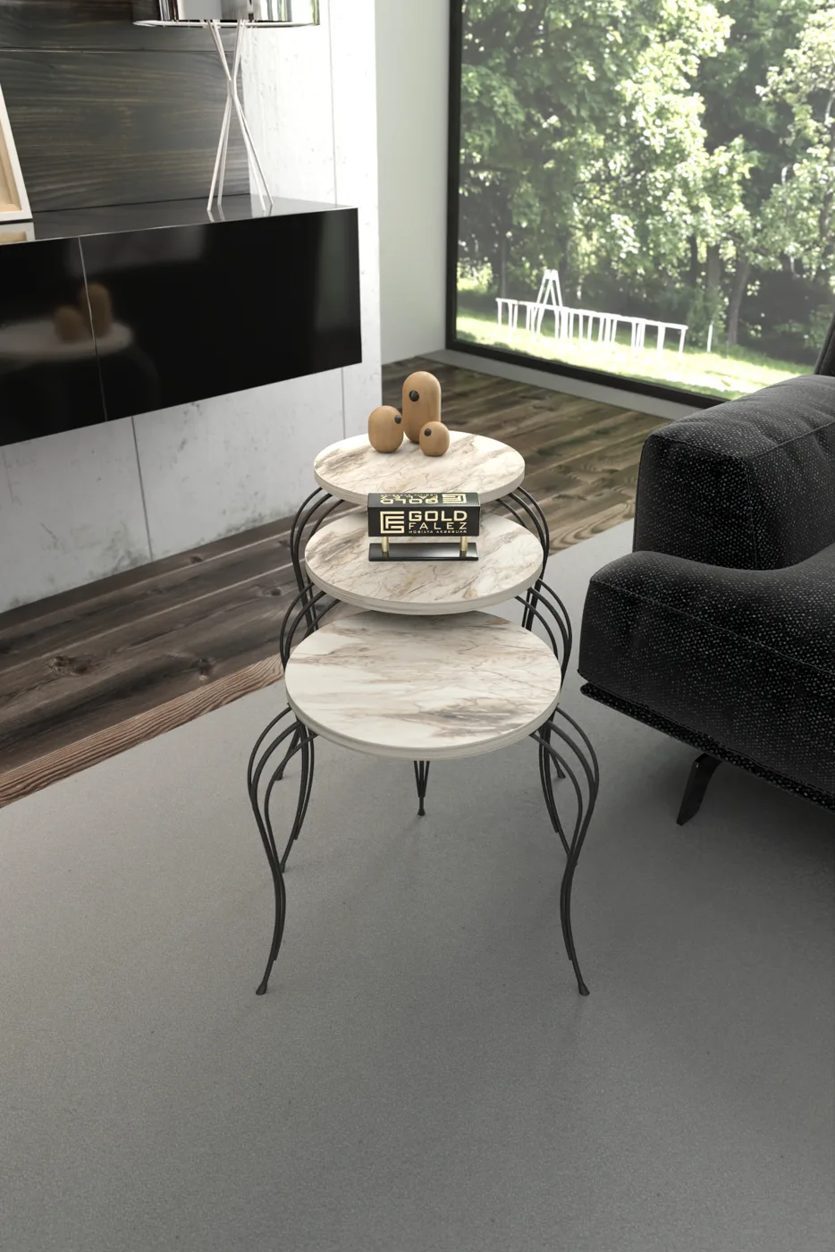 Lukens 3-Piece Round Nesting Table Set Metal Legs - White Marble Effect